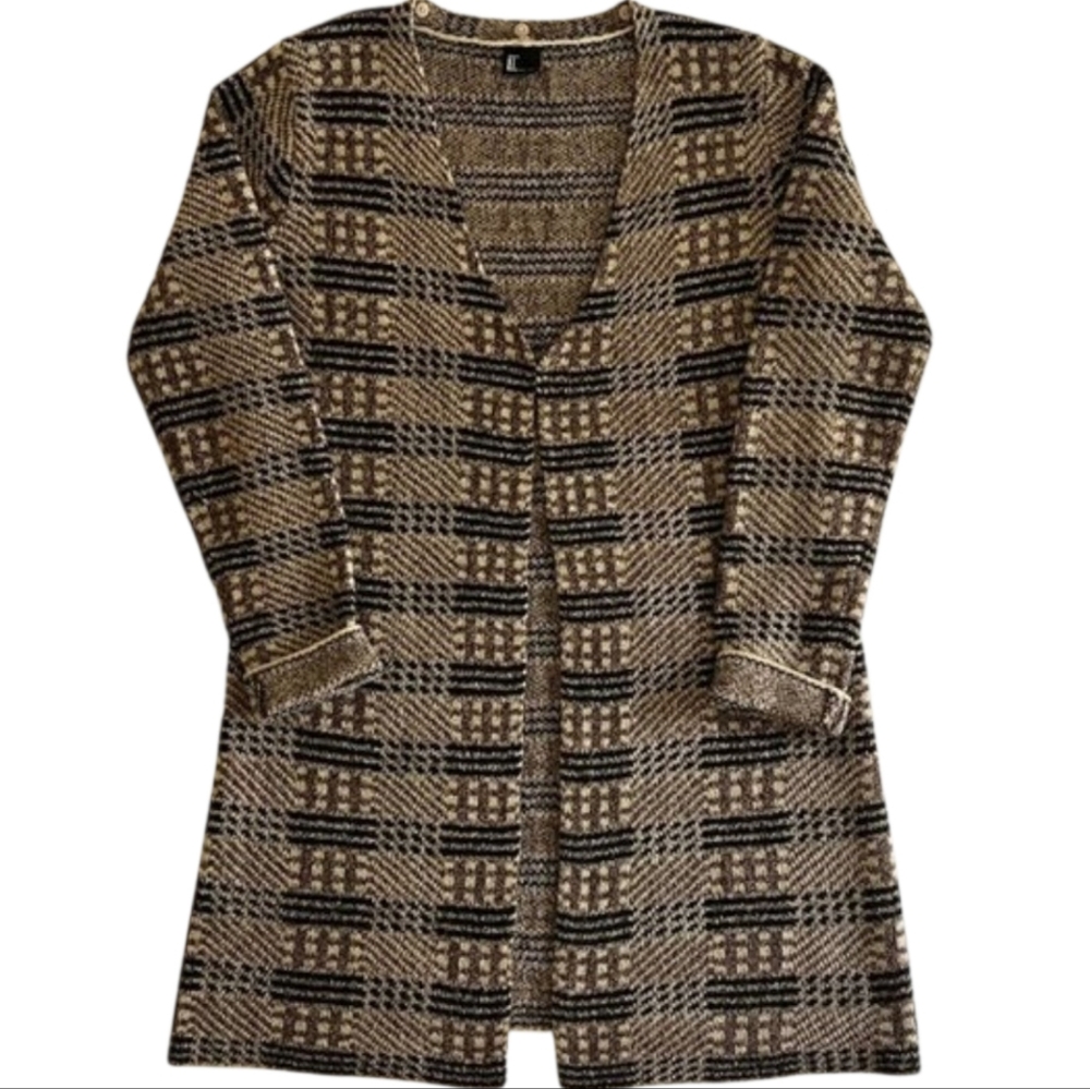Love Token Tan Black Plaid Longline Cardigan Sweater Hook Eye Closure Womens L